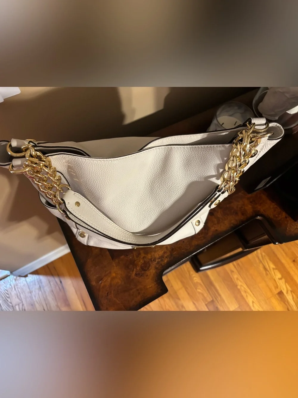 Michael Kors White Pebbled Leather Shoulder Tote with Gold Chain Detail